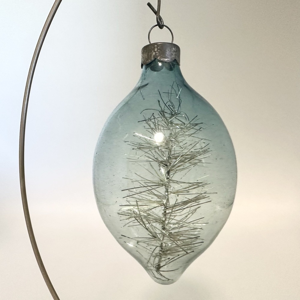 Vintage USA Blue Glass Tinsel Teardrop Christmas Ornament Made In US of A